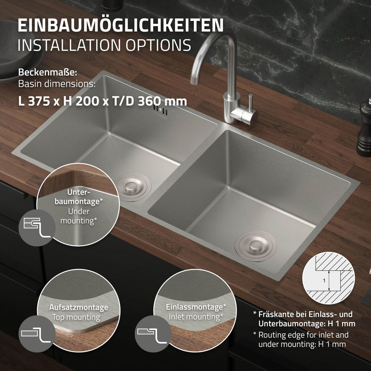 DOPPEL-SPÜLBECKEN Edelstahl 81,5/40cm - Silberfarben, Metall (81.5/20/40cm)