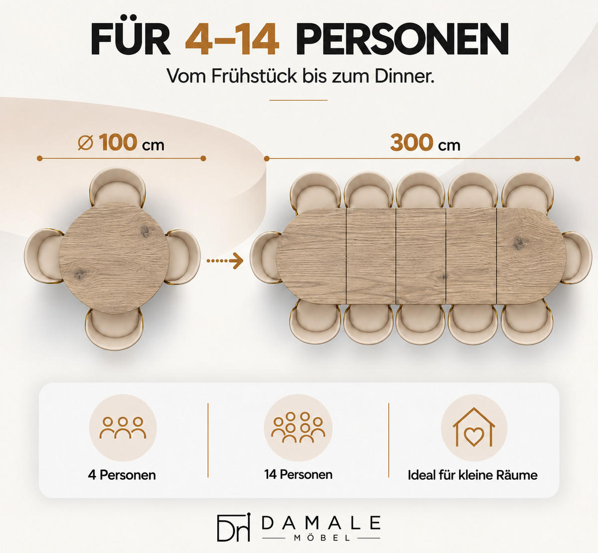 ESSTISCH rund ausziehbar 100-300/100/76 cm, Braun Halifax Egger, 54 cm Tischplatte + X Metallbeine Weiß - Weiß/Braun, Holzwerkstoff/Metall (100/100/76cm) - Damale Möbel