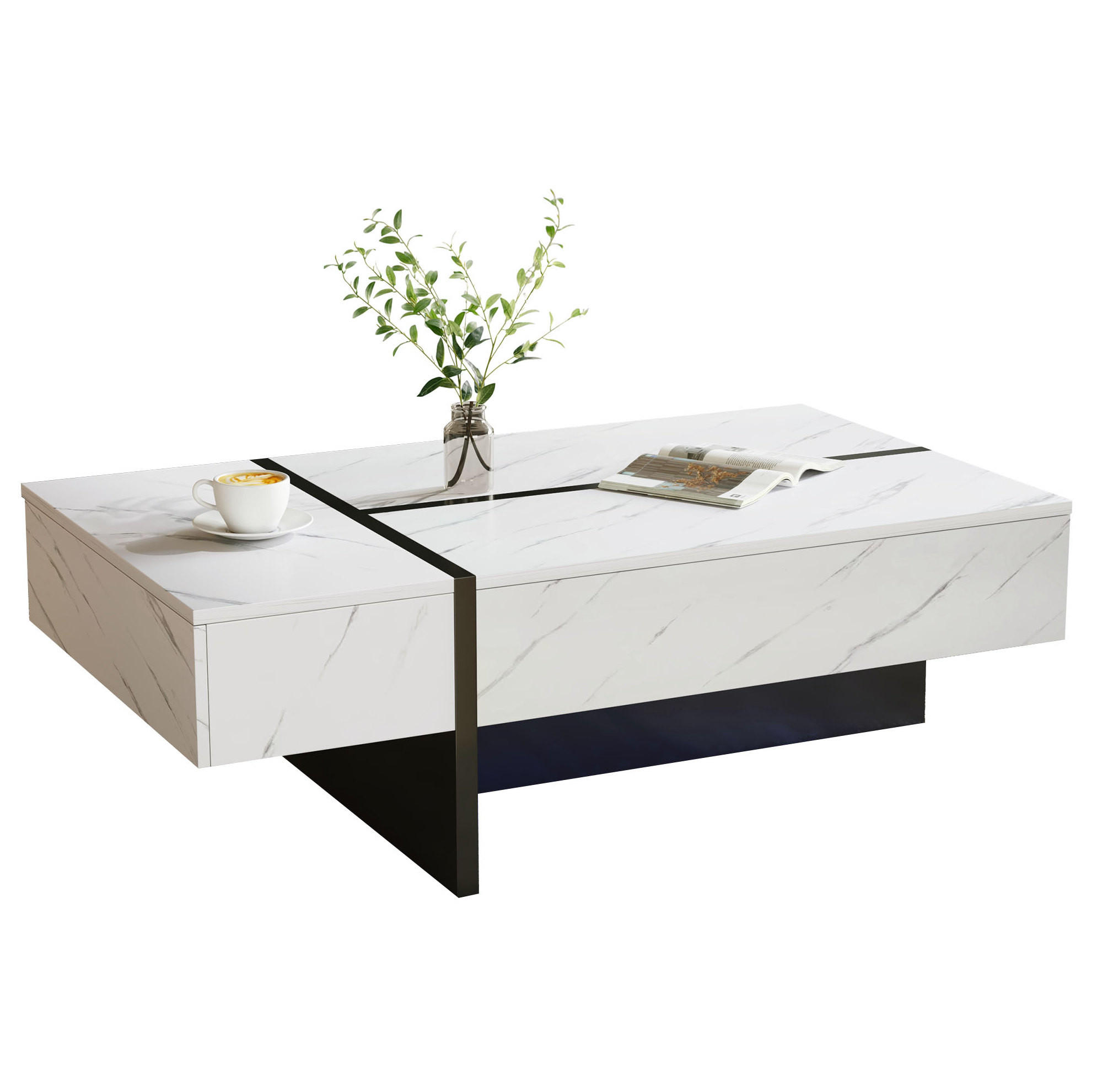 COUCHTISCH 105/60/35 cm Weiß aus Spanplatte mit 3 Schubladen und LED-Beleuchtung - Weiß, Holzwerkstoff (105/60/35cm) - OKMYHOME
