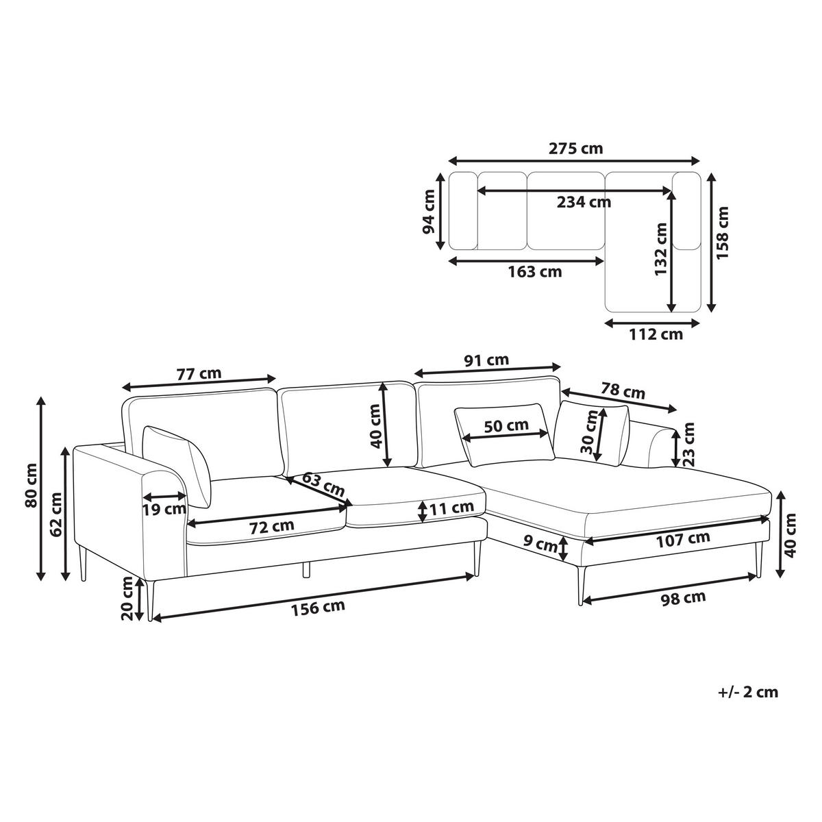 3-SITZER-ECKSOFA Samtstoff Hellgrau rechtsseitig Flam - Hellgrau, Textil (275/158cm) - Beliani