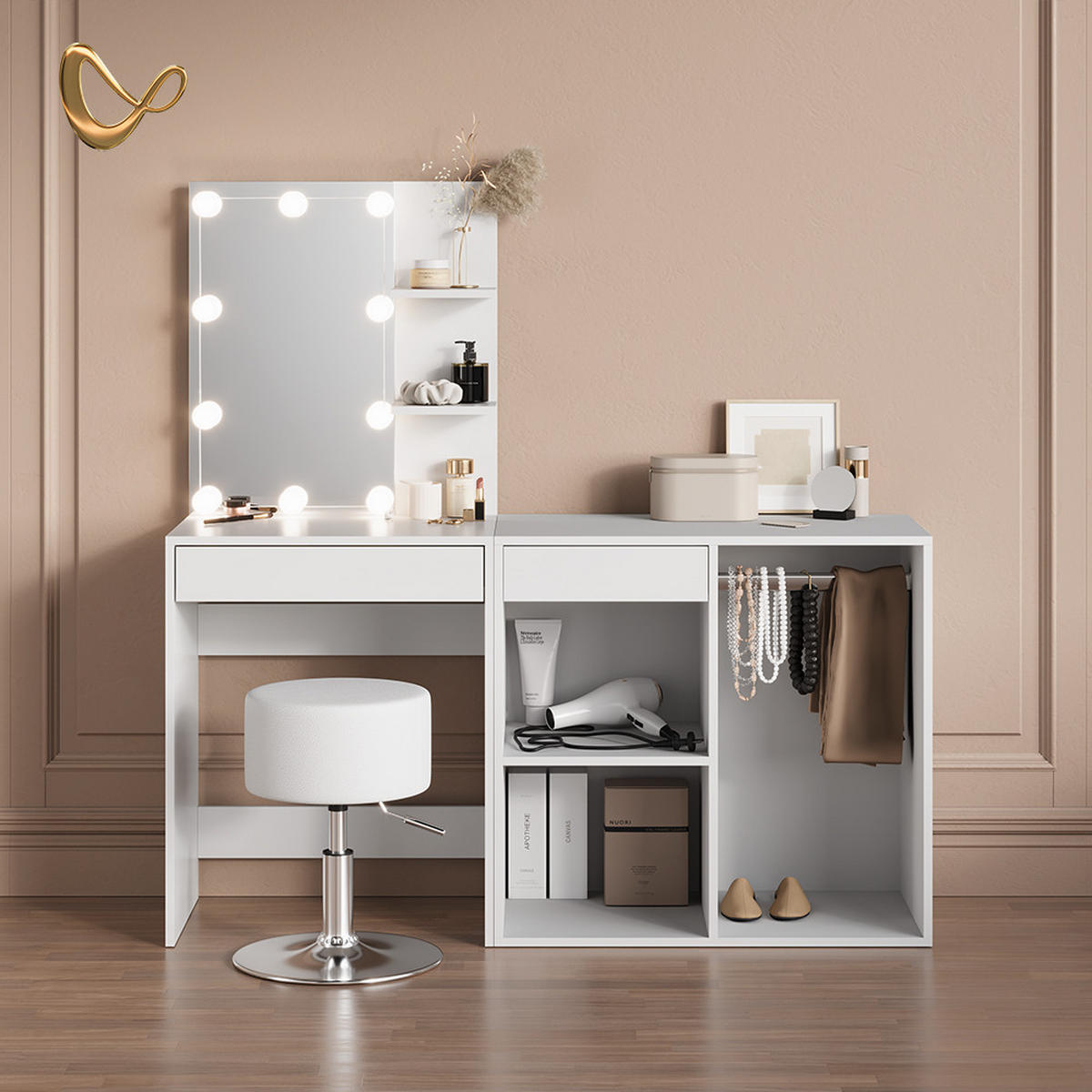 SCHMINKTISCH Nola Weiß mit LED, Hocker und Schrank - Weiß, Holzwerkstoff (140/140/40cm) - Livinity®