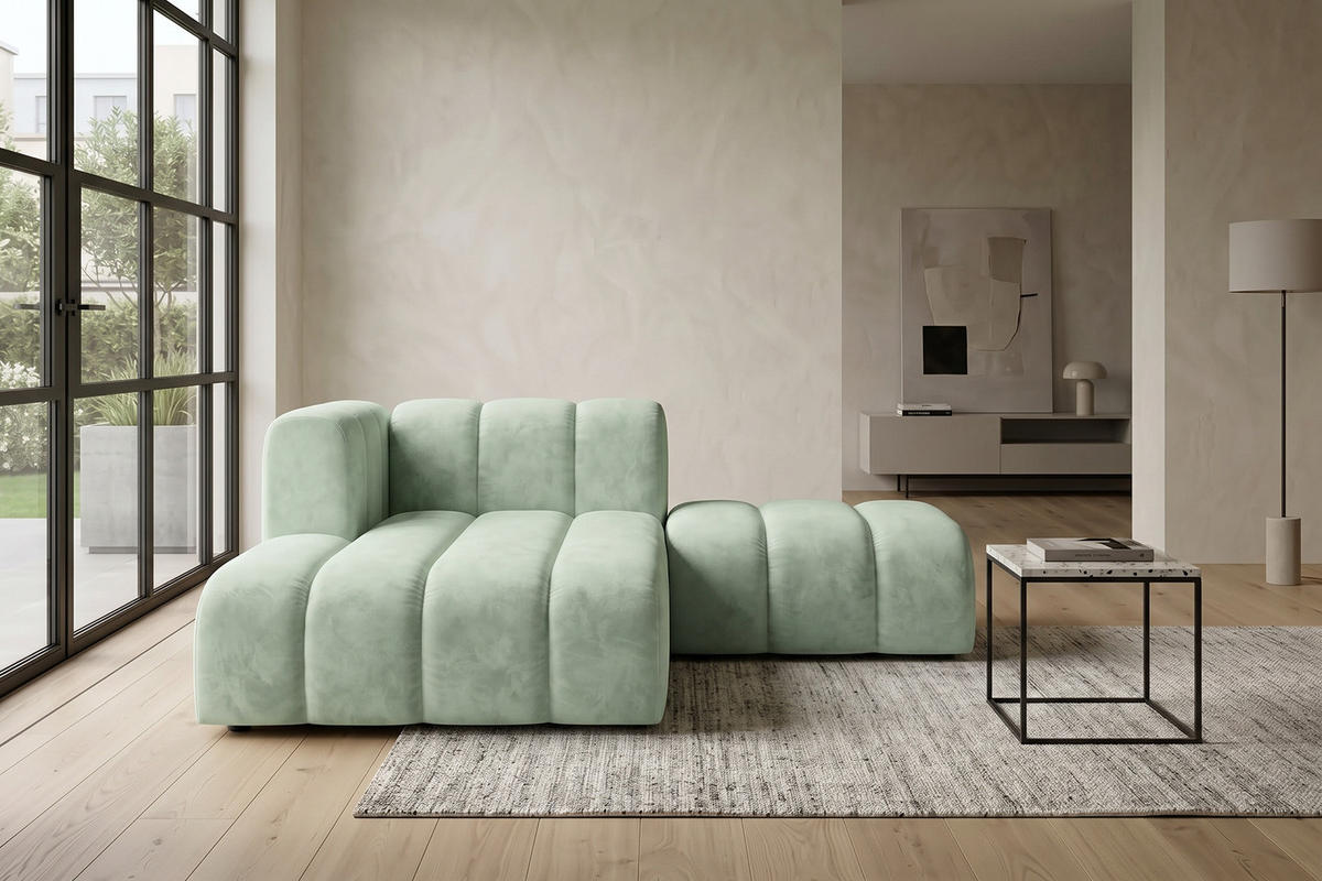 CHAISELONGUE Modulare Mit Hocker, Velvet-Stoff Riviera, Mintz, Links, GRAND - Mintgrün, Holz (204/179cm) - Kaiser Möbel