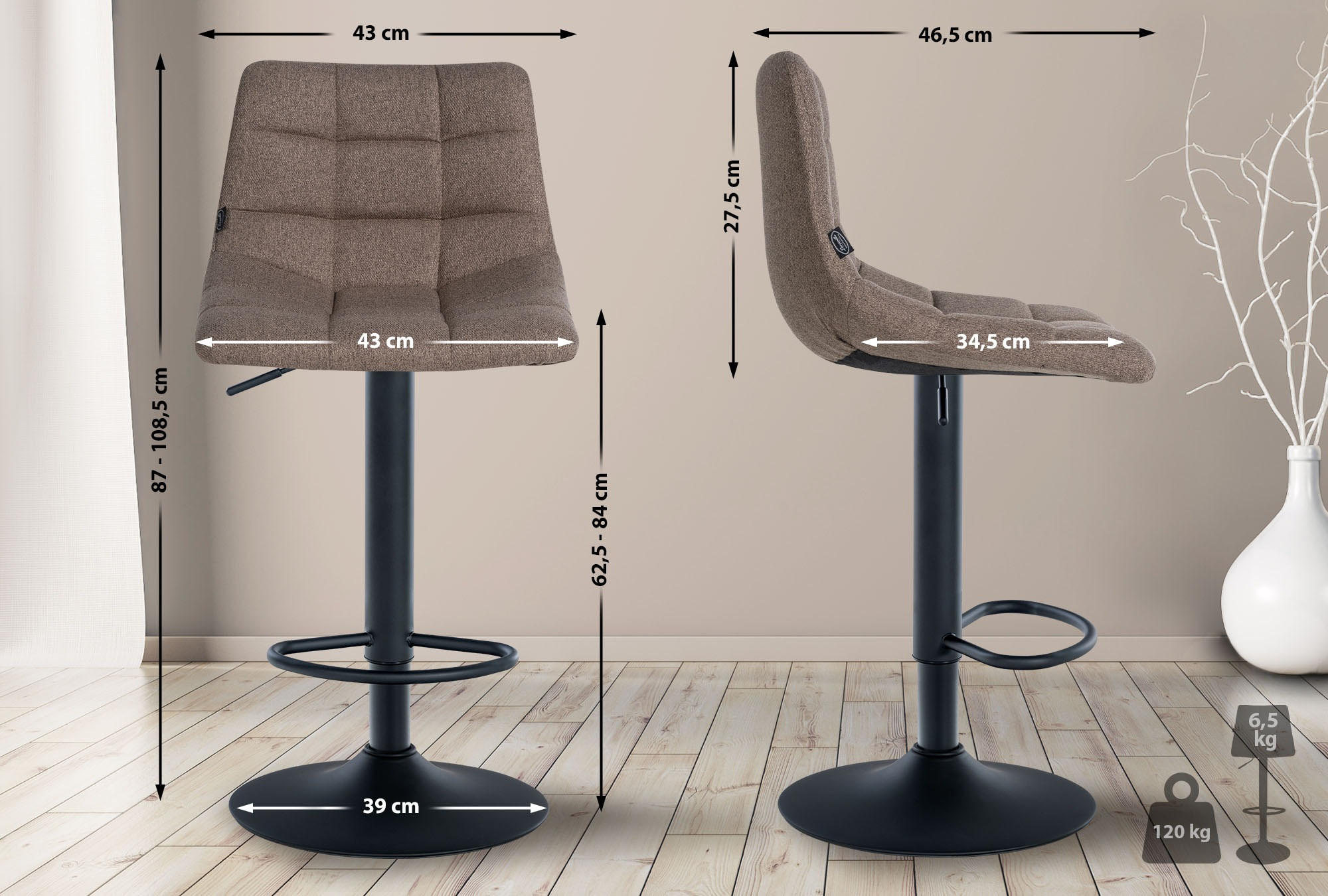 BARHOCKER 2er-Set DUBAI Taupe Stoff Schwarz - Taupe, Textil/Metall (43/87/46.5cm) - DELUKE