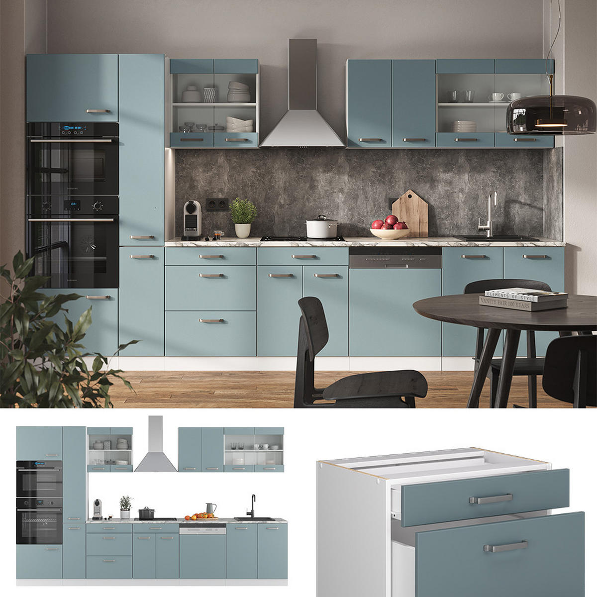 KÜCHENZEILE R-Line Blau-Grau/Weiß 350 cm mit Hochschrank, AP Eiche - Blaugrau/Weiß, Holzwerkstoff (350/81.6/60cm) - Vicco