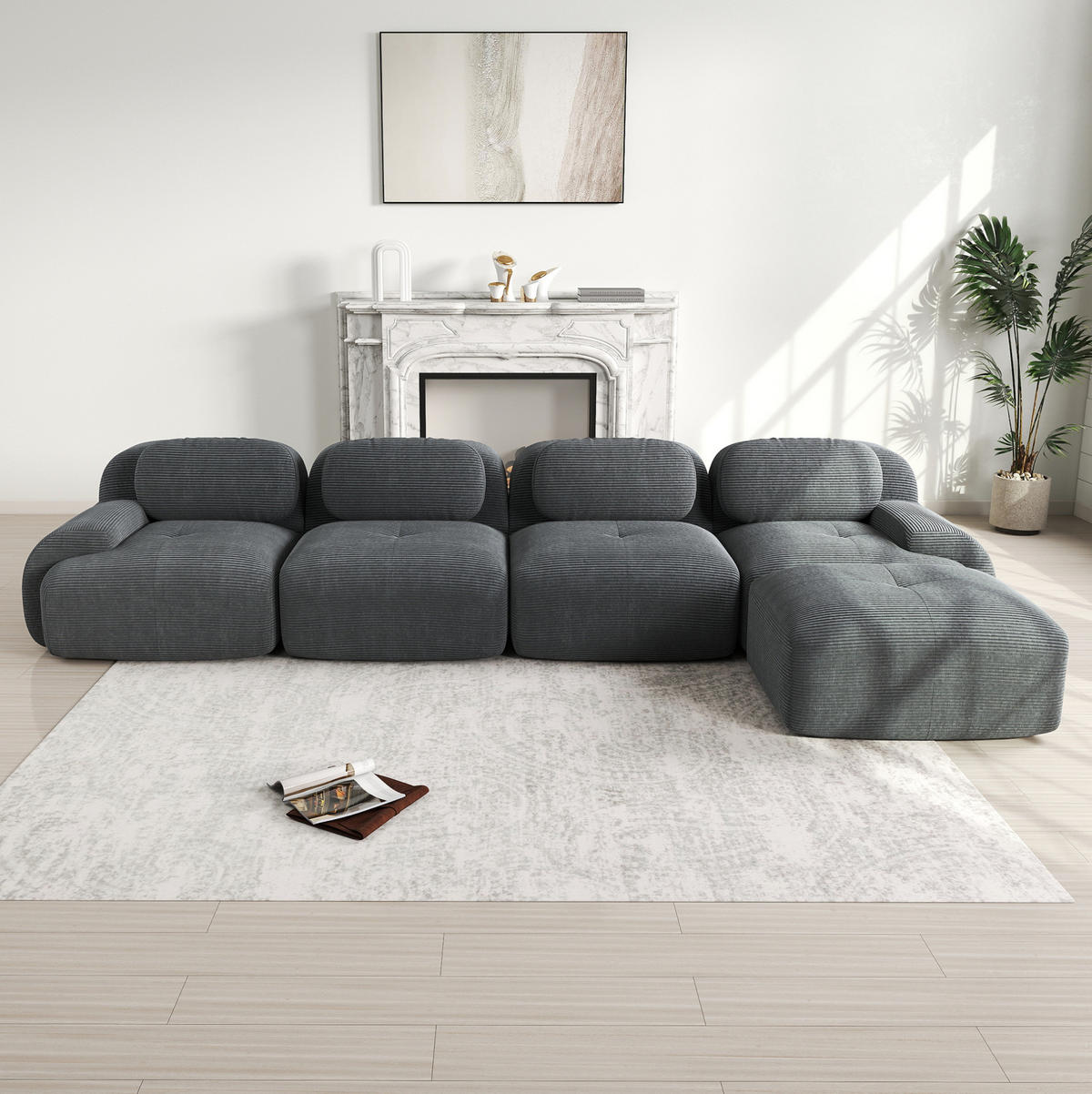 ECKSOFA modular rahmenlos mit Chaiselongue, 32D-Hochdichteschaum, Cordstoff und montagefreier Nutzung, Grau - Grau, Textil (388/178cm) - Redom