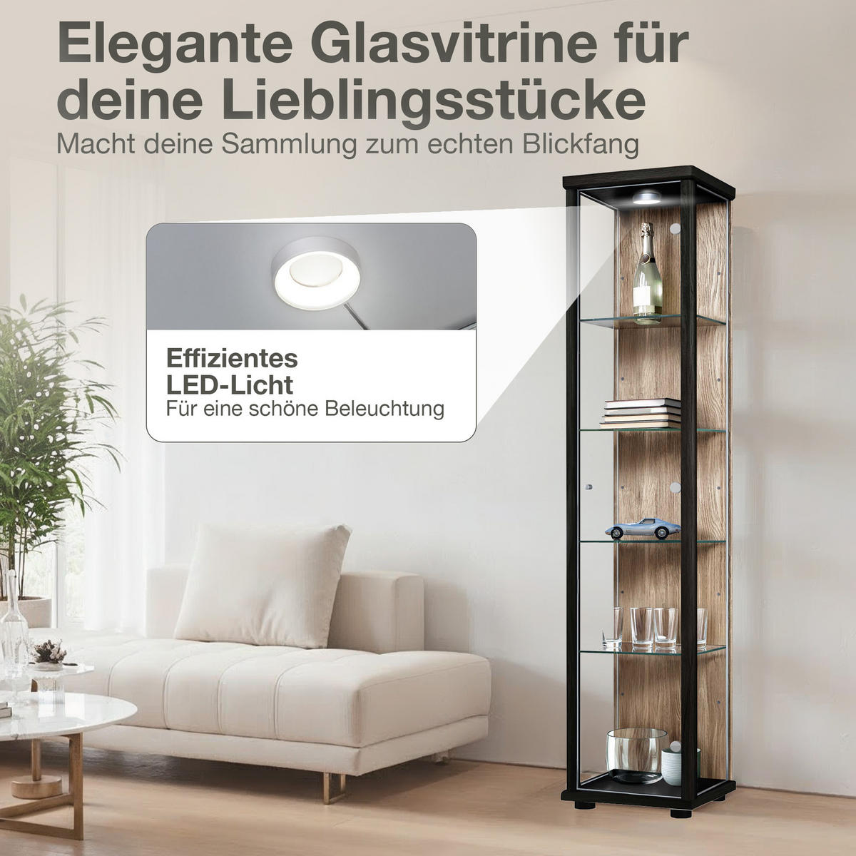 GLASVITRINE 33/37/176 cm mit LED & 4 höhenverstellbaren Glasböden - Transparent/Silberfarben, Glas/Holzwerkstoff (37/176/33cm) - K-Möbel