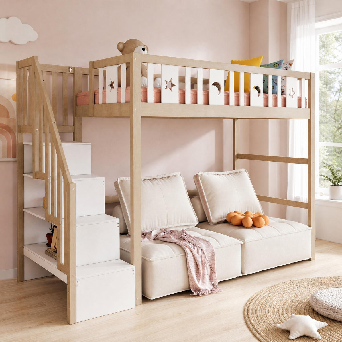 HOCHBETT 90/200 mit Stauraumtreppe, Sicherheitsgeländern und Stern-Mond-Dekor in Holzfarbe - Naturfarben, Holz (90/200cm) - EVRYAE