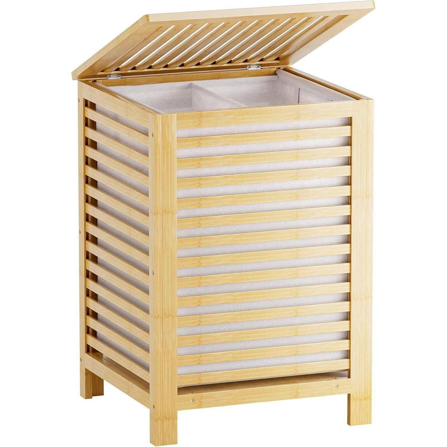 WÄSCHEKORB Bambus mit Deckel und 2 Fächern 47 x 47 x 65 cm - Braun, Naturmaterialien (65/65/47cm)