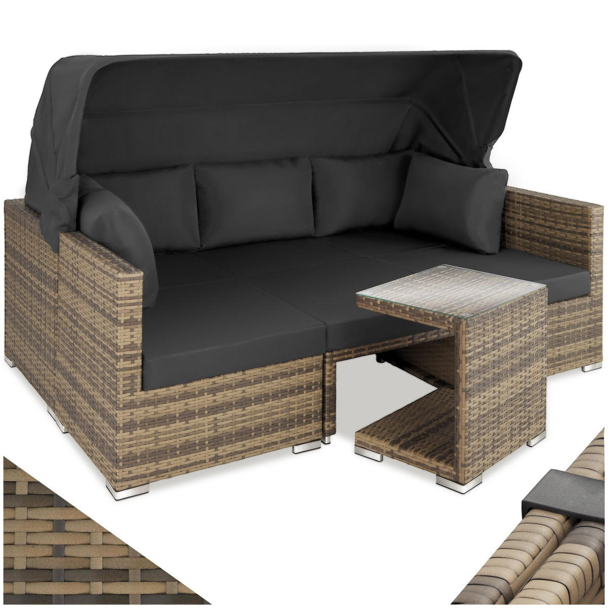 RATTANLOUNGE San Marino, mit Sicherheitsglasplatte, variabel aufstellbar, natur - Naturfarben, Kunststoff (68/131/199cm) - tectake