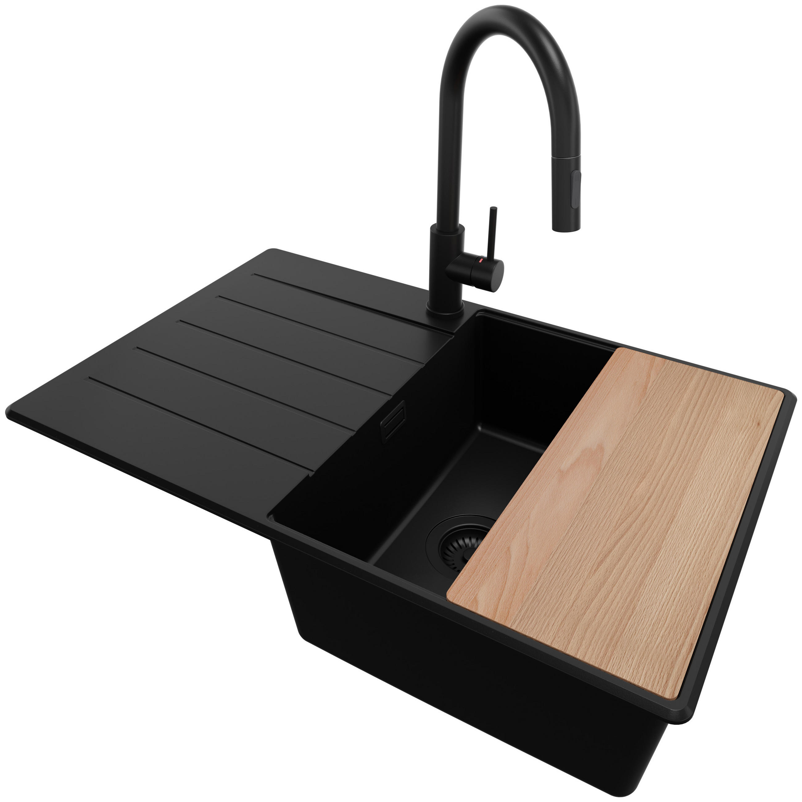 GRANITSPÜLE Kopenhagen, 2-er set Alles Schwarz 78/50 cm 1 Becken + Küchenarmatur 40/20 cm + Ablauf-Set + Schneidebrett ab 50er Unterschrank - Beige/Schwarz, Kunststoff (78/20/50cm) - Primagran