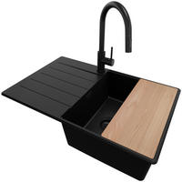 GRANITSPÜLE Kopenhagen, 2-er set Alles Schwarz 78/50 cm 1 Becken + Küchenarmatur 40/20 cm + Ablauf-Set + Schneidebrett ab 50er Unterschrank - Beige/Schwarz, Kunststoff (78/20/50cm) - Primagran
