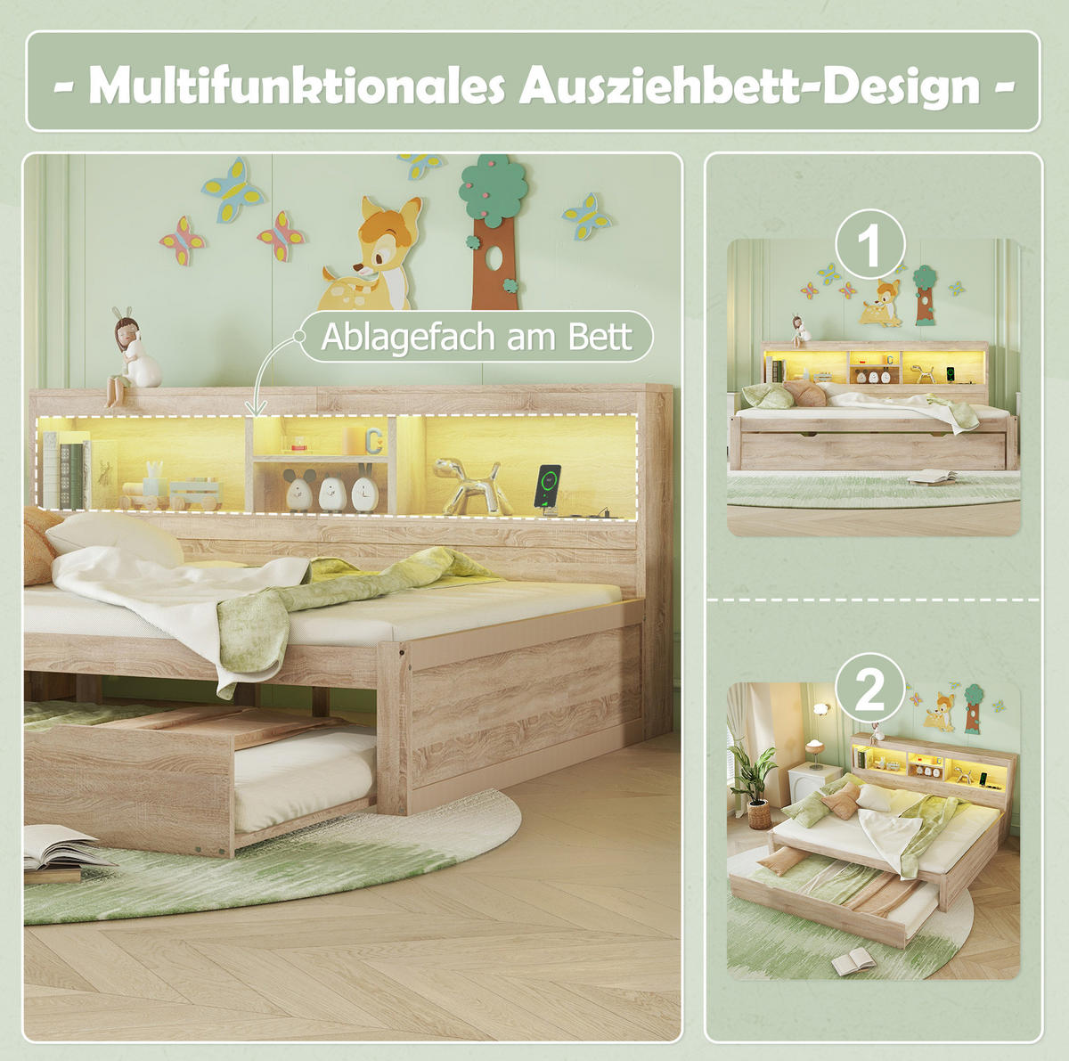TAGESBETT 140/200 cm mit LED-Beleuchtung, Ausziehbett, Steckdose, USB und Bettfach, Natur - Naturfarben, Holzwerkstoff (140/200cm) - Redom