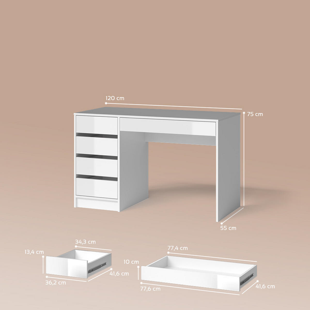 SCHMINKTISCH Imola Weiß 120 x 75 cm - Weiß Hochglanz, Holzwerkstoff (55/120/75cm) - Livinity®