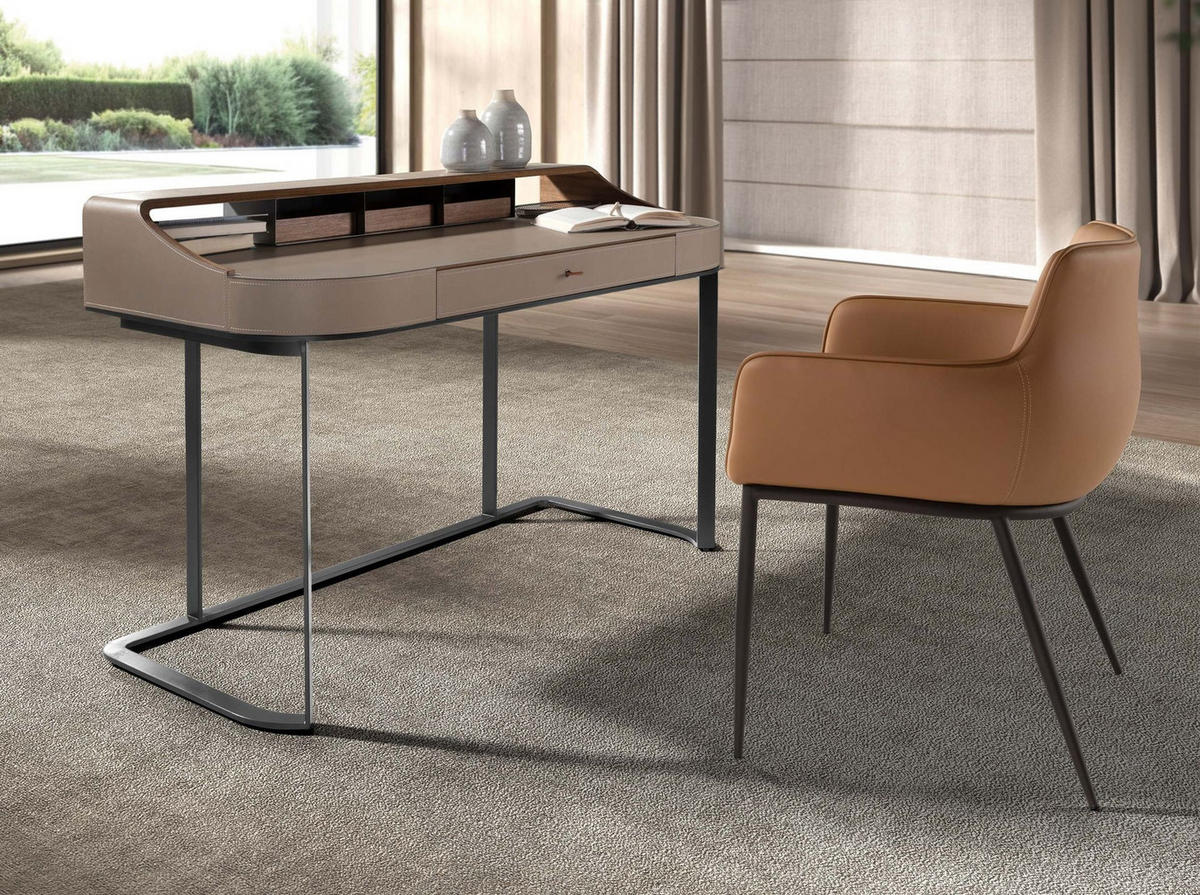 SCHREIBTISCH Schminktisch aus Kunstleder, Nussbaum und grauem Stahl 120/60/86 cm - Fango/Nussbaumfarben, Leder/Holz (60/120/86cm) - ANGEL CERDA