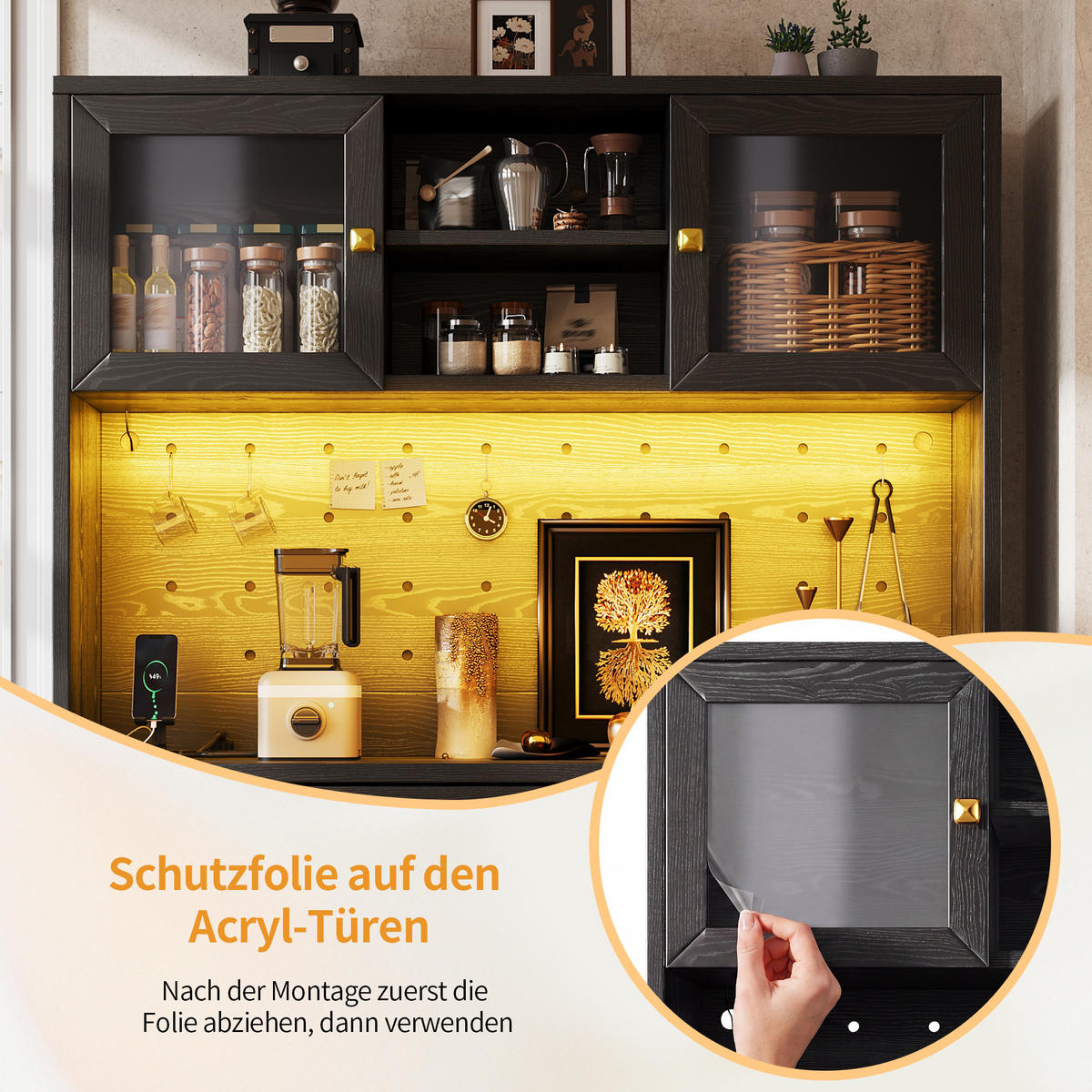 HIGHBOARD Schwarz 120×40×178 cm mit Acrylfront, RGB-LED, Lochwand und Weinflaschenhalter aus Holzwerkstoff und Acryl - Schwarz, Holzwerkstoff (120/178/40cm) - Luhomfu