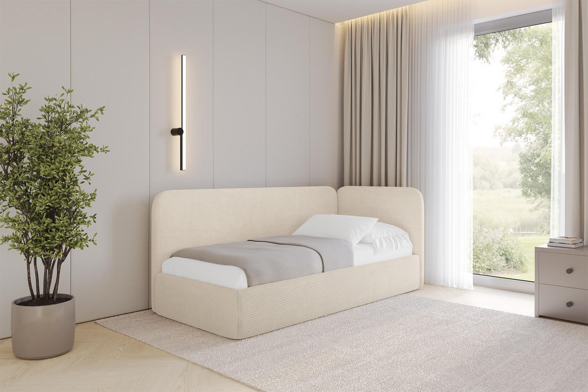 EINZELLBETT Jugendbett mit Bettkasten und Matratze H3/H4, Links - ELSY 100x200 Beige - Creme, Holzwerkstoff/Textil (100/200cm) - ALTDECOR