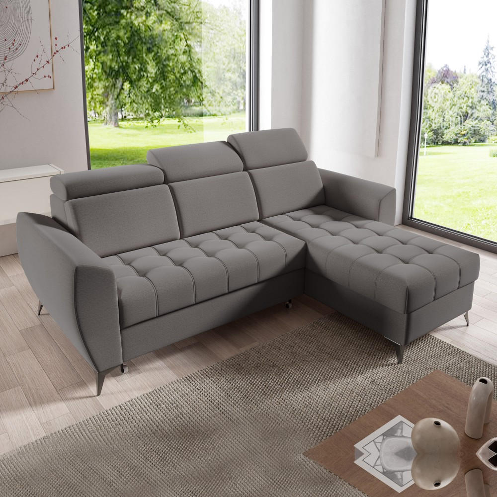 ECKSCHLAFSOFA Aurora I verstellbare Kopfstützen, Dunkelgrau - Dunkelgrau/Schwarz, Textil (235/176cm) - Beautysofa