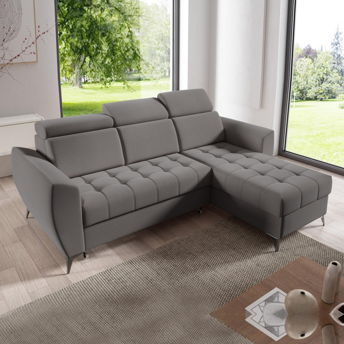 ECKSCHLAFSOFA Aurora I verstellbare Kopfstützen, Dunkelgrau - Dunkelgrau/Schwarz, Textil (235/176cm) - Beautysofa