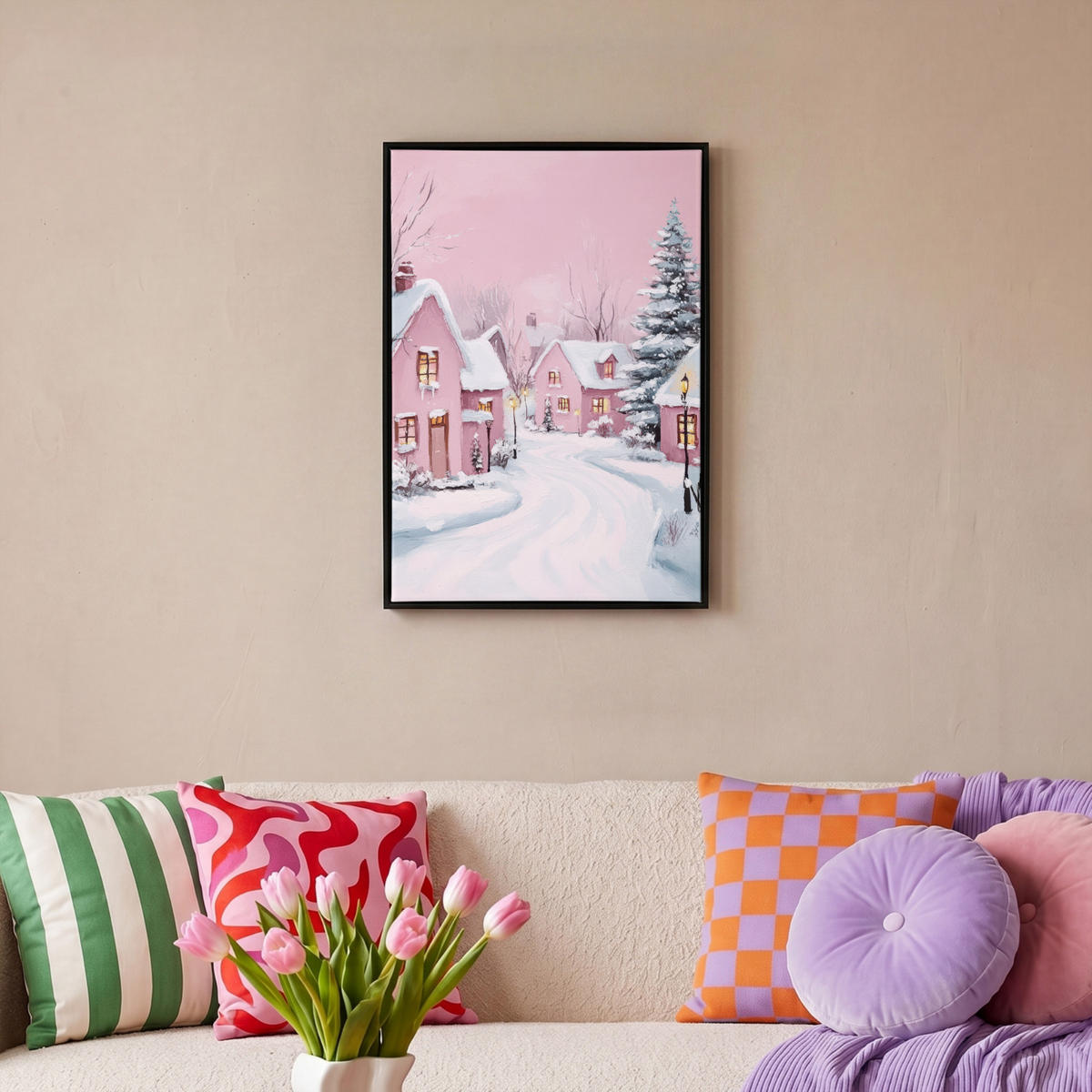 LEINWAND Bilder mit Rahmen - Weihnachtsdorf - Rosa - Winter - Schnee - Häuser - 40x60 - Altrosa, Textil (40/60cm) - MuchoWow