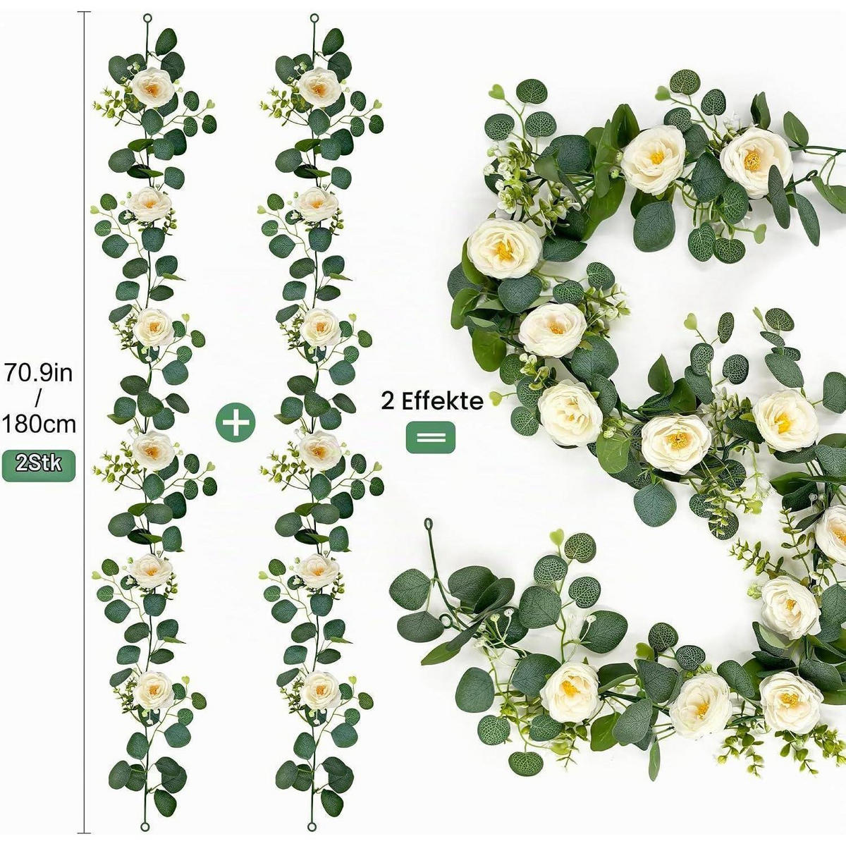 BLUMENGIRLANDE 2-teiliges Set 1,8 m Eukalyptus mit weißen Rosen - Multicolor, Kunststoff (1cm)