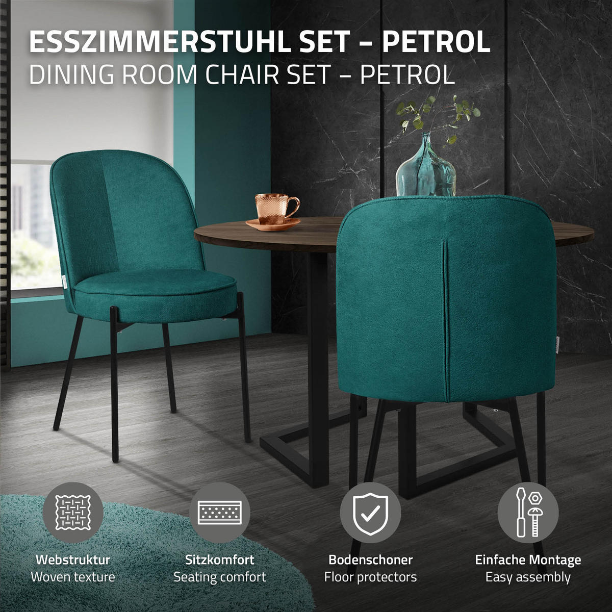 ESSZIMMERSTUHL 2er Set Petrol mit Stoffbezug - Petrol/Schwarz, Textil/Metall (50/83/63cm) - ML-DESIGN