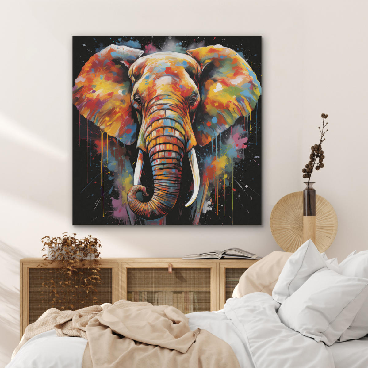 AKUSTIKPANEEL Elefant - Graffiti - Schwarz - Tiere - Farben 90x90 cm - Schwarz, Textil (90/0.9/90cm) - MuchoWow
