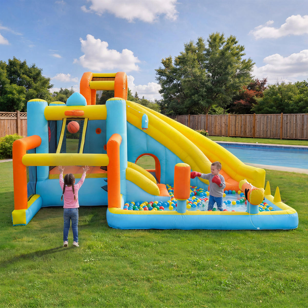 HÜPFBURG Wasserpark 405x416x218 cm - Multicolor, Textil (416/405/218cm) - LEBENLANG