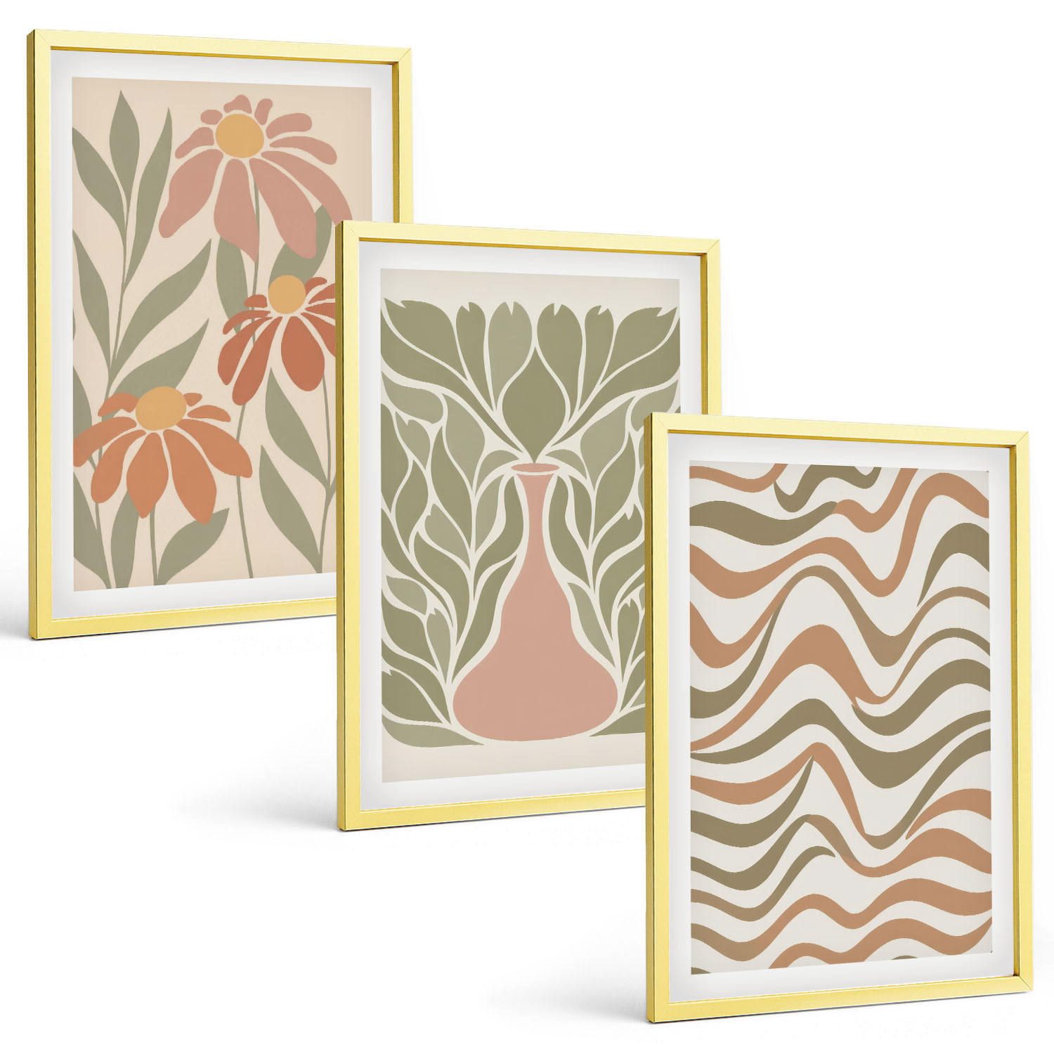BILDER SET 3er Set - 40x60 cm Goldrahmen - Abstrakte Pastellblumen - Goldfarben, Kunststoff (40/60cm) - TULUP