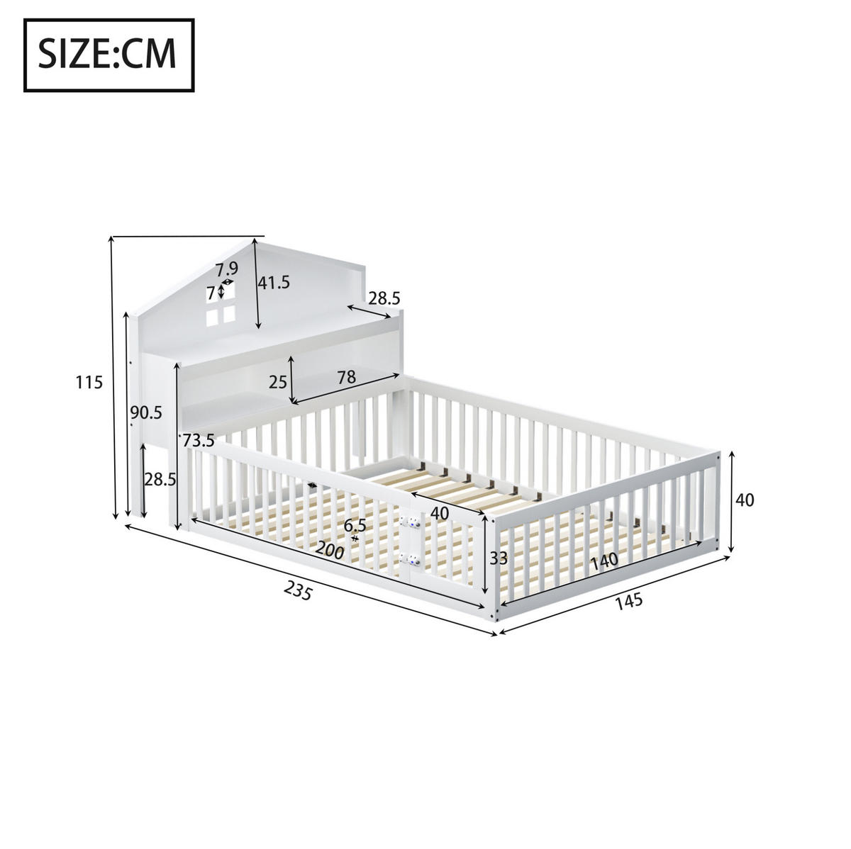 KINDERBETT 140/200 cm aus Holzwerkstoff mit Hausrahmen, Kreidetafel, Stauraum, Schutzgitter und Tür, Weiß - Weiß, Holzwerkstoff (140/200cm) - Redom