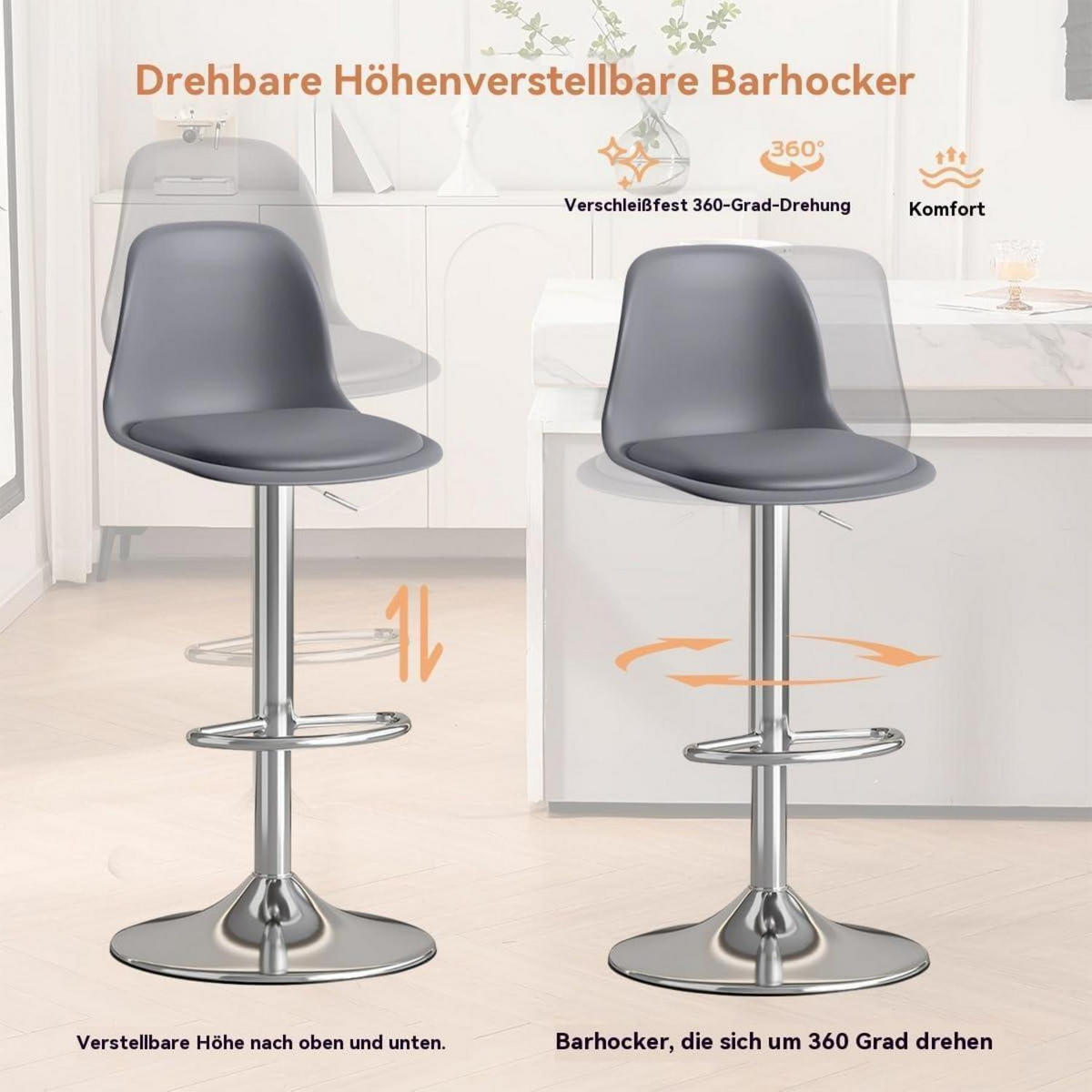 BARHOCKER 2-teiliges Set höhenverstellbar mit Rückenlehne Grau Kunststoff - Grau, Kunststoff (45/104.4/38.5cm)