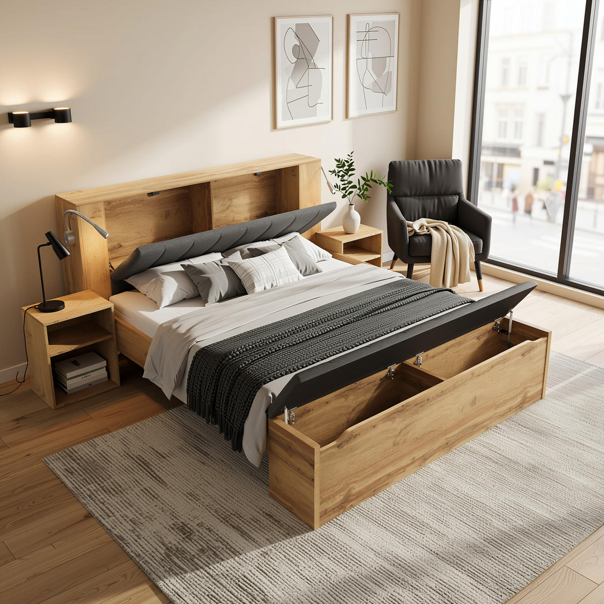 ČALOUNĚNÁ POSTEL vzhled dubu a lnu 160x200 s nočními stolky a lavičkou k posteli - barva dubu, dřevo (160/200cm) - Urban Meuble