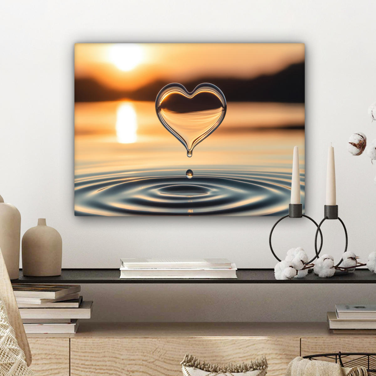 LEINWANDBILD - Herz - Wasser - Sonnenuntergang - Natur - Zen - 40x30 - Wanddeko - Bernsteinfarben, Textil (40/30cm) - MuchoWow