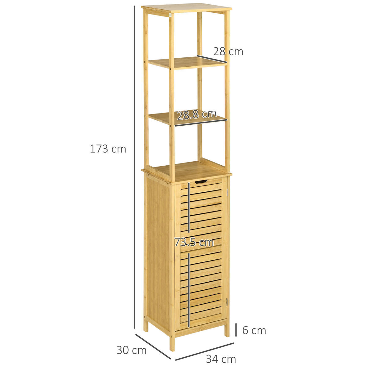 BADEZIMMER Hochschrank 34x30x173 cm Natur aus Bambus mit Lamellentür & 3 Ablagen - Naturfarben, Naturmaterialen (34/173/30cm) - Modfu