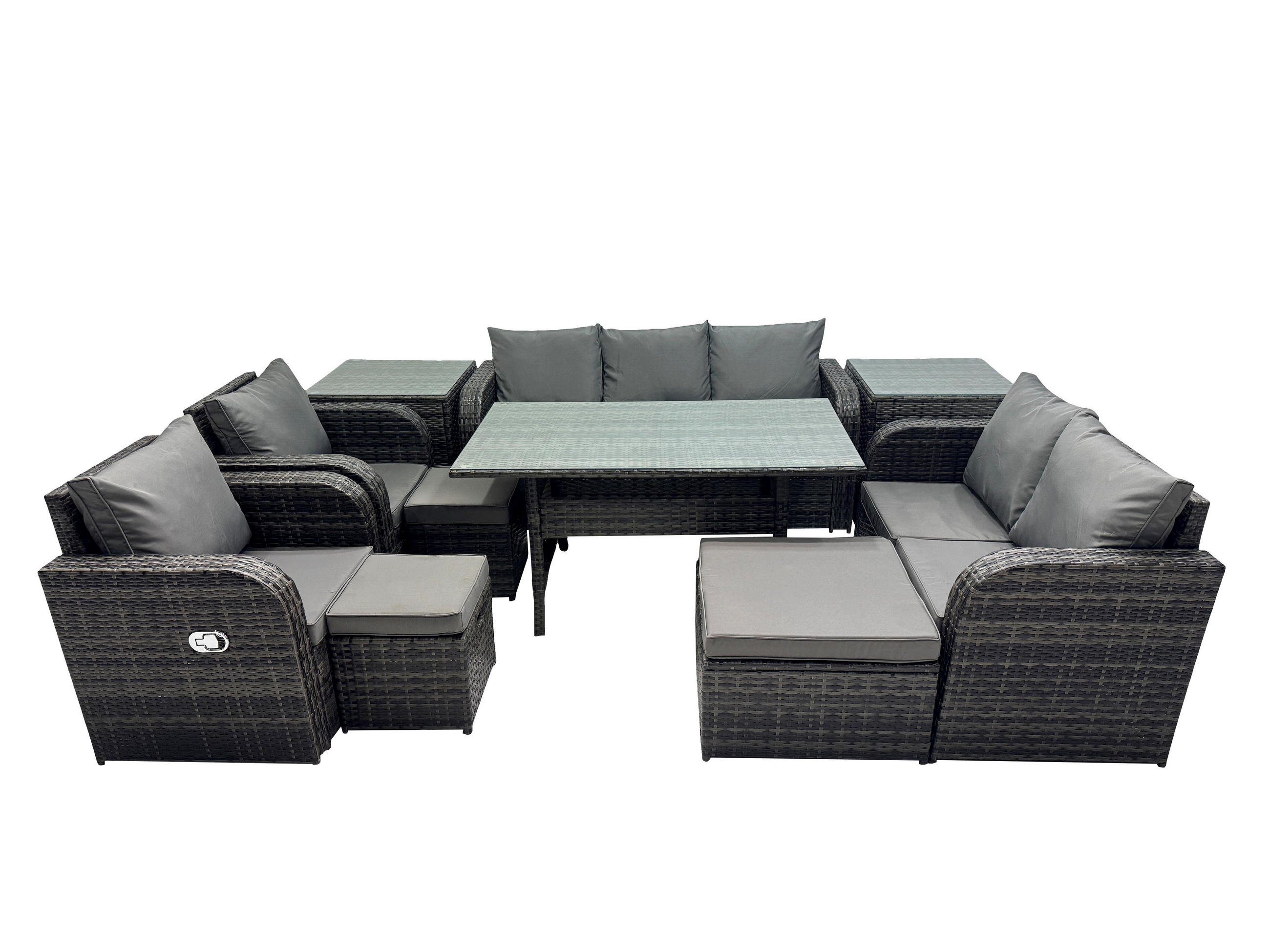 Gartenmöbelset mit Esstisch,3-Sitzer Sofa,3 Hockern,2 Beistelltischen Polyrattan Dunkelgrau 10-Sitzer - Dunkelgrau/Grau, Glas/Kunststoff - Fimous