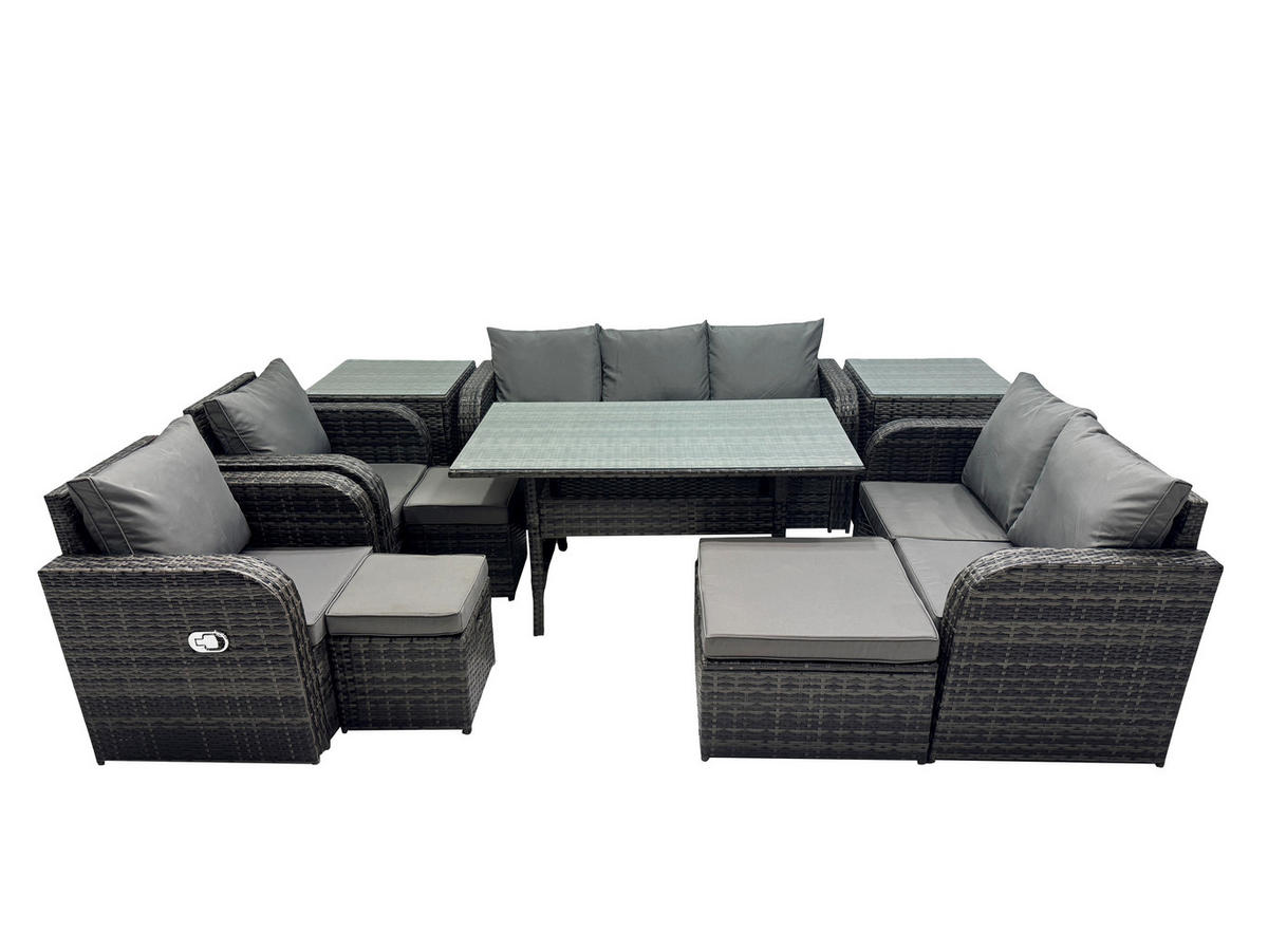 Gartenmöbelset mit Esstisch,3-Sitzer Sofa,3 Hockern,2 Beistelltischen Polyrattan Dunkelgrau 10-Sitzer - Dunkelgrau/Grau, Glas/Kunststoff - Fimous