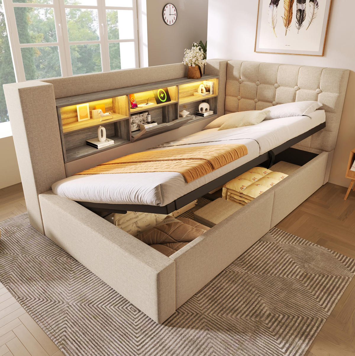 BETT mit Stauraum und LED 90x200 cm Leinen Beige - Beige, Metall (90/200cm) - Meubliv