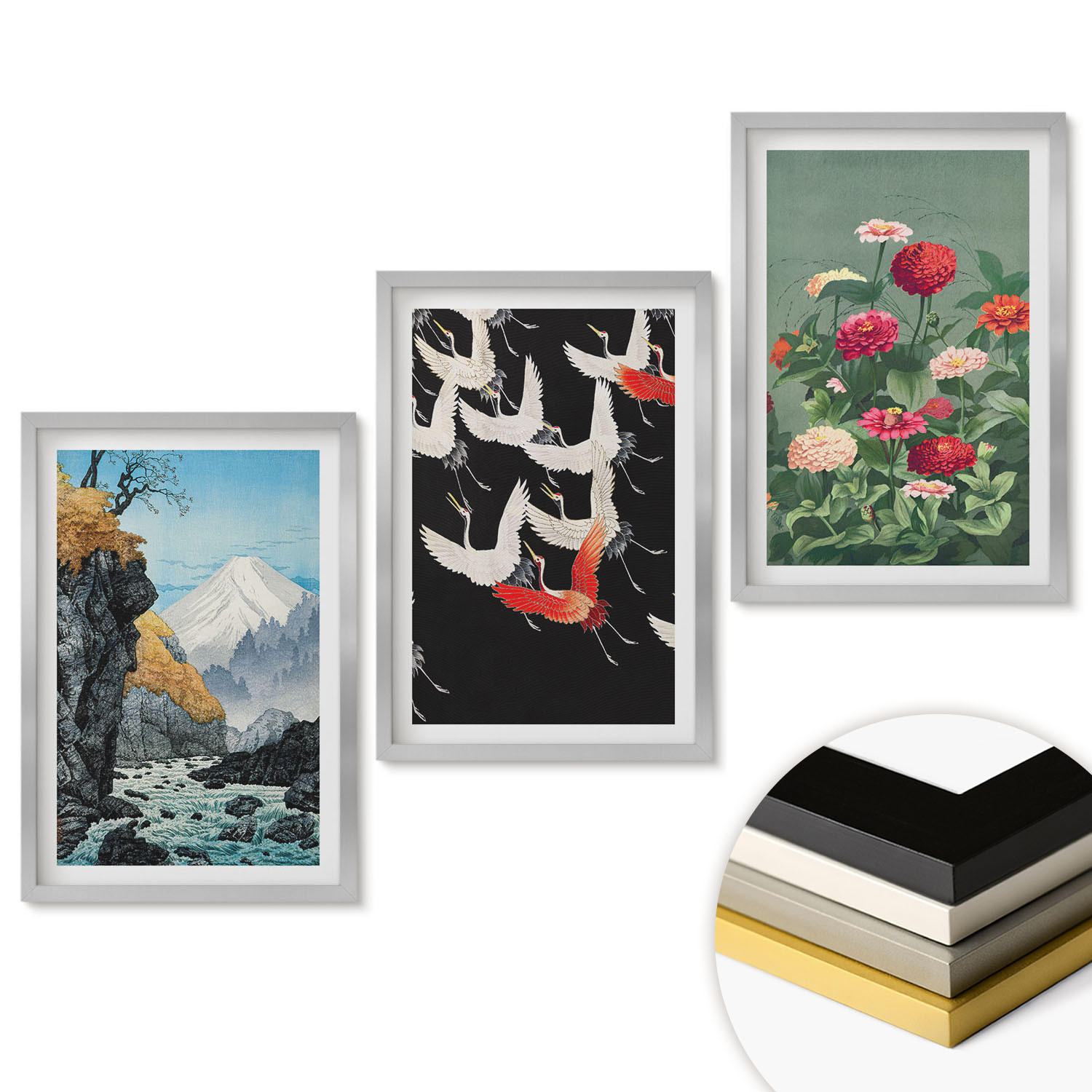 WANDBILDER 3er Set - 40x60 cm Silberner Rahmen - Berge, Wasserfälle, Vögel, Blumen - Silberfarben, Kunststoff (40/60cm) - ArtPrintCave