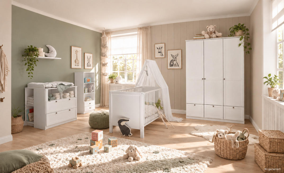 BABYZIMMER Landhaus Filou in Weiß 8 teilig, moderner Landhaus Stil inklusive Lattenrost und Matratze - Weiß, Holzwerkstoff (120/200/80cm)