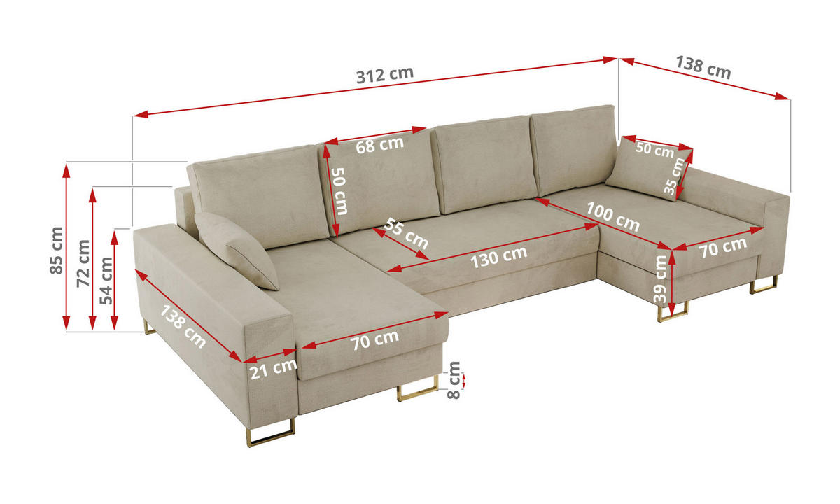 WOHNLANDSCHAFT DORIAN U Velvet Beige - Beige/Goldfarben, Textil/Metall (312/85/138cm) - MKS