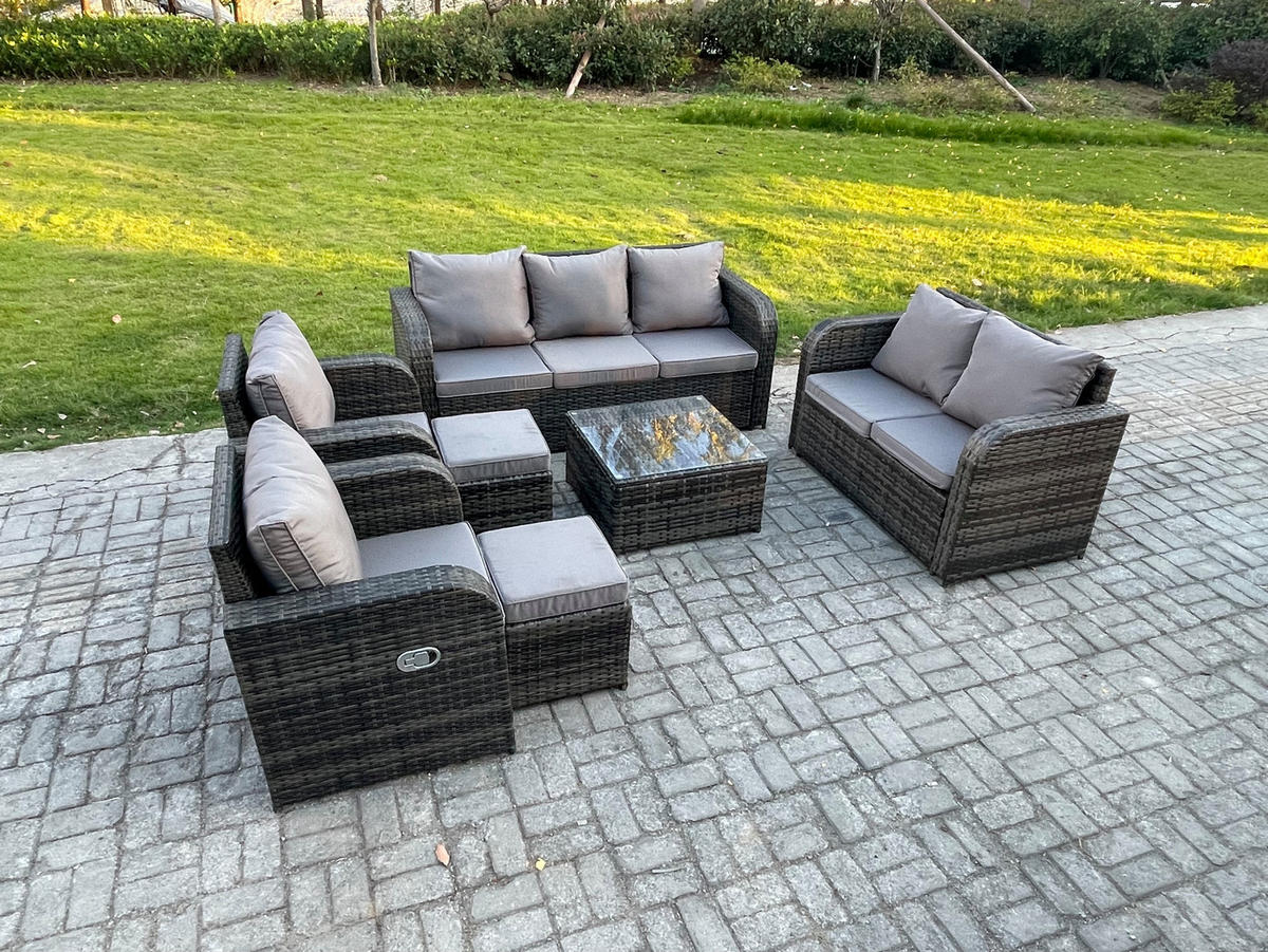 GARTENSOFA SET mit Couchtisch Polyrattan Dunkelgrau 7-teilige - Dunkelgrau/Grau, Glas/Kunststoff - Fimous
