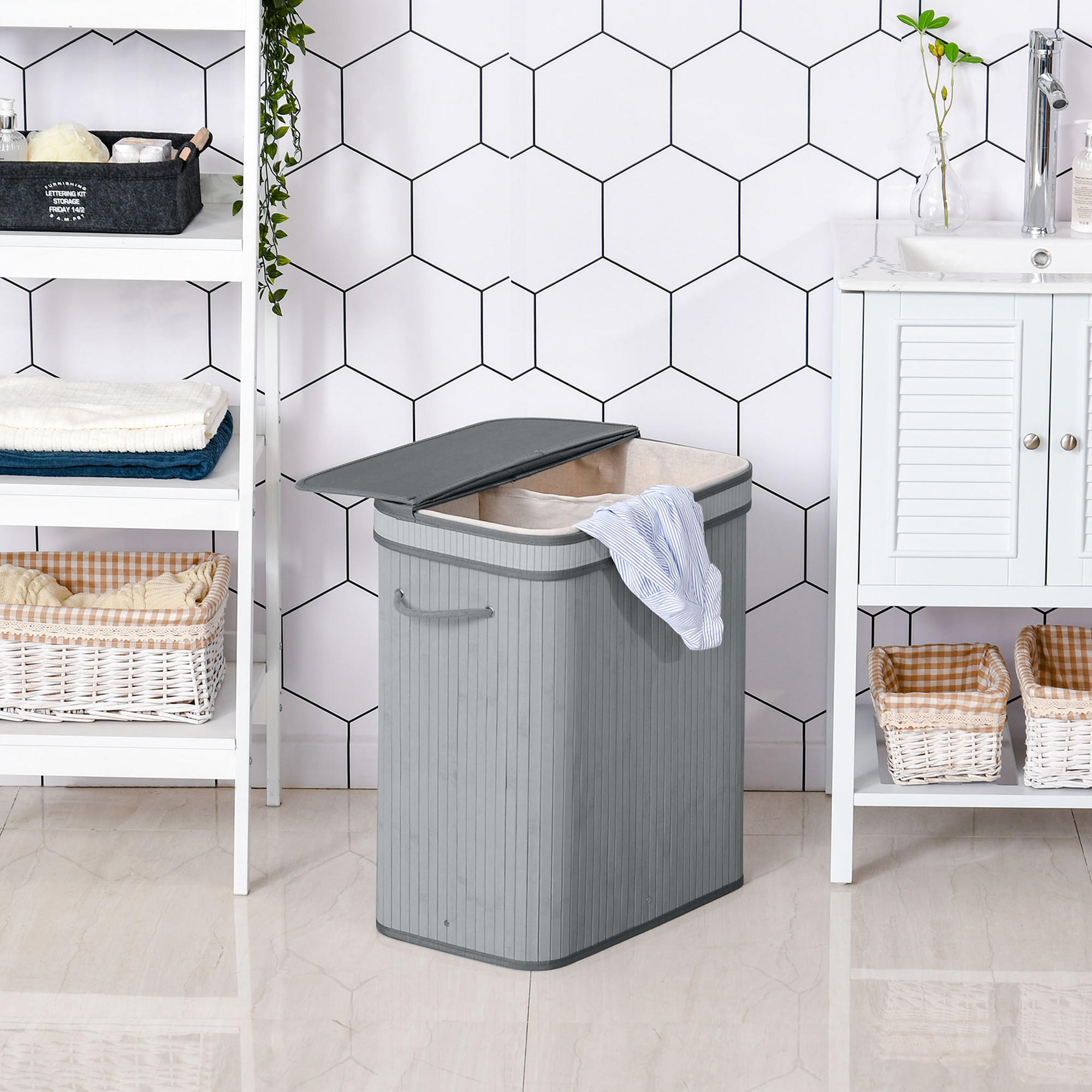 WÄSCHEKORB 100L Wäschesammler mit Deckel, 52 x 32 x 63 cm, Grau - Grau, Naturmaterialen (52/63/32cm) - HOMCOM