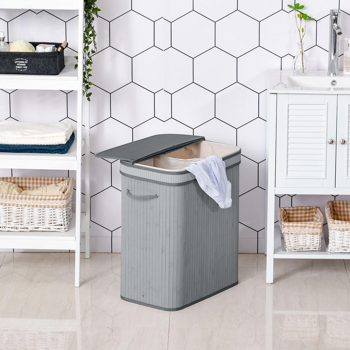 WÄSCHEKORB 100L Wäschesammler mit Deckel, 52 x 32 x 63 cm, Grau - Grau, Naturmaterialen (52/63/32cm) - HOMCOM
