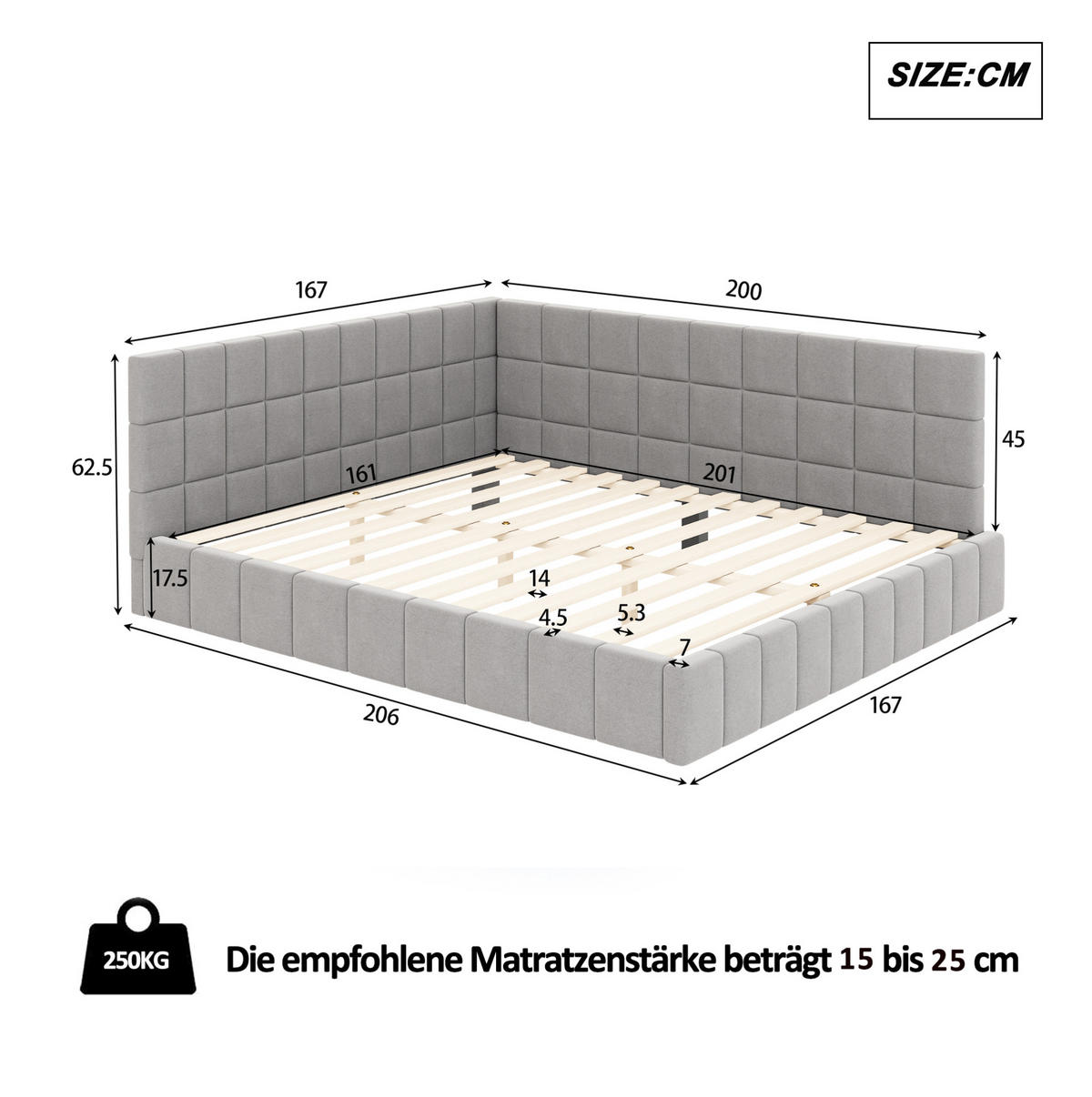 POLSTERBETT 160/200 cm grau aus Stoff mit Lattenrost - Grau, Textil (160/200cm) - OKWISH