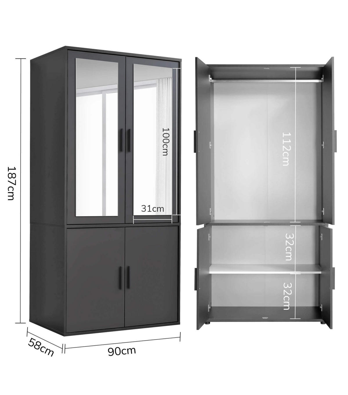 KLEIDERSCHRANK mit Spiegel Der Grenzenlose - Anthrazit, Holzwerkstoff (90/187/58cm) - Mokebo