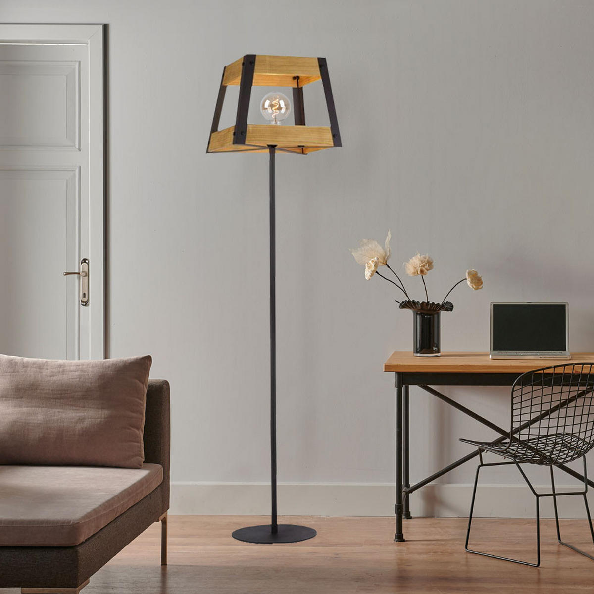 LED STEHLEUCHTE Metall Schwarz Holz natur - Schwarz, Holz (35/35/153cm)