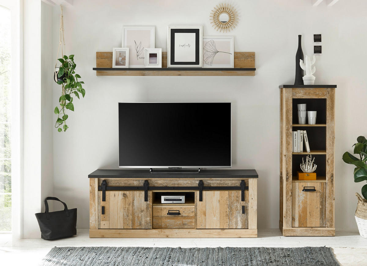 WOHNWAND Used Wood hell, anthrazit 3-teilig 233 cm, Schrankwand mit Soft-Close - Anthrazit/Schwarz, Holzwerkstoff/Metall (233/170/43cm) - Furn.Design