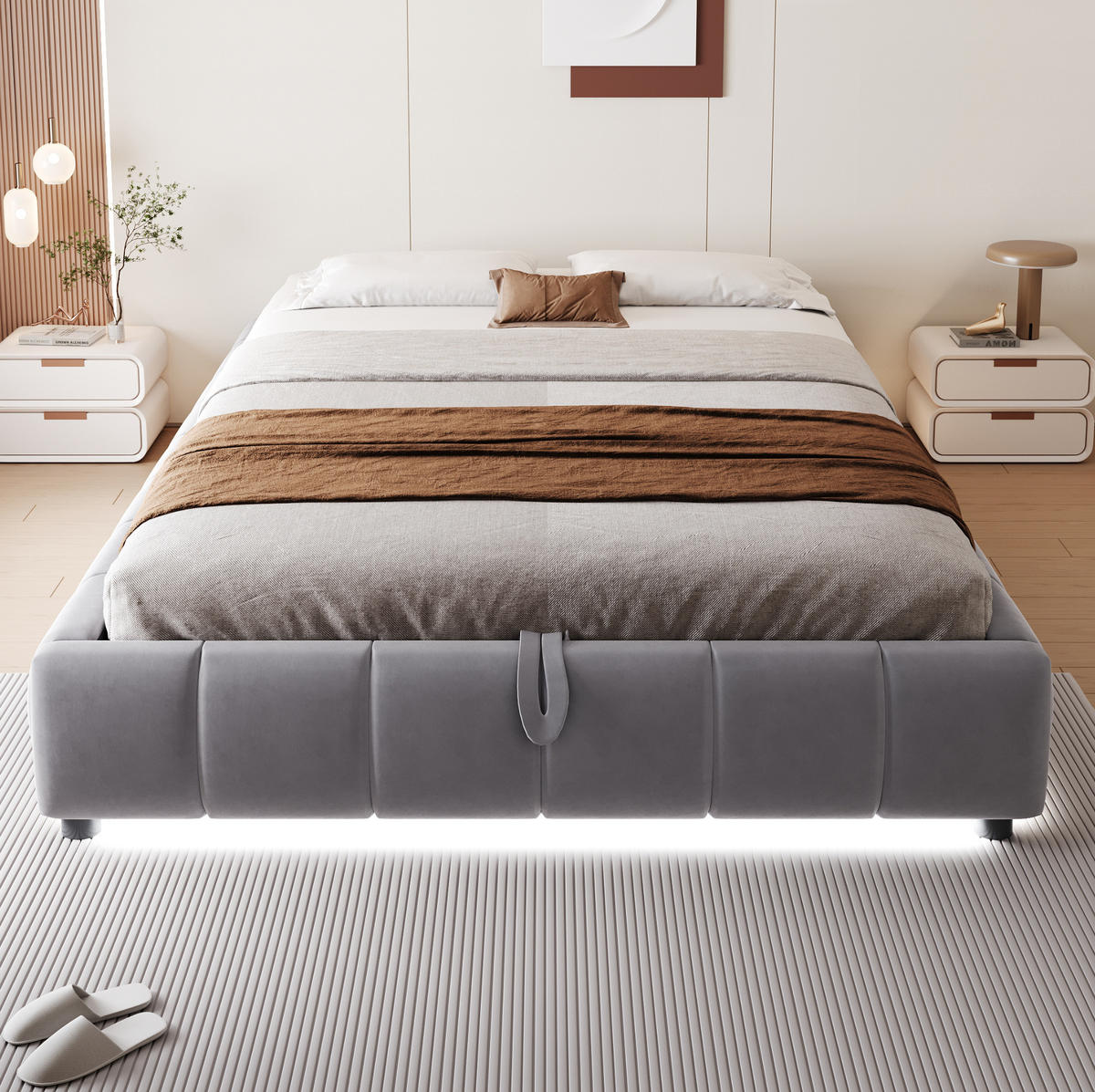 ČALÚNENÁ posteľ z flanelu 140x200 cm sivá s LED osvetlením, hydraulickým úložným priestorom a bez čela - sivá, textil (140/200cm) - Modfu
