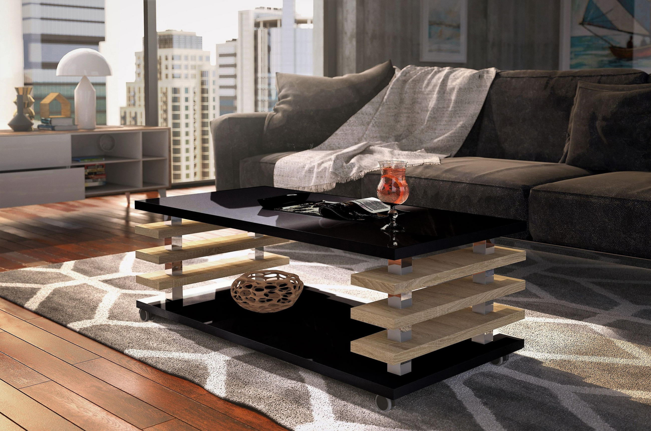 COUCHTISCH rechteckig Schwarz Hochglanz Sonoma Eiche Ablage Rollen - Schwarz Hochglanz/Sonoma Eiche, Holzwerkstoff (60/120/45cm) - designimpex