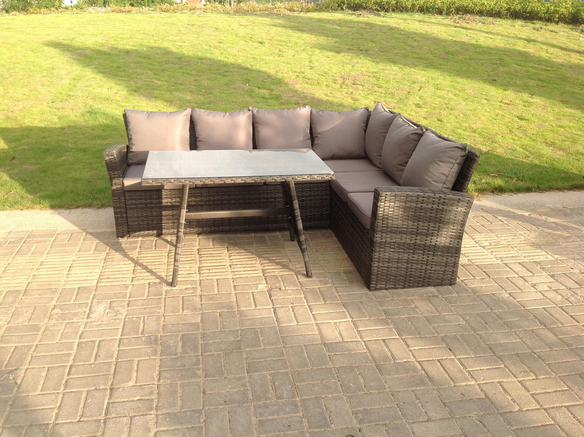 GARTENMÖBEL SET PE Polyrattan 6-Sitzer - Dunkelgrau/Grau, Glas/Kunststoff - Fimous