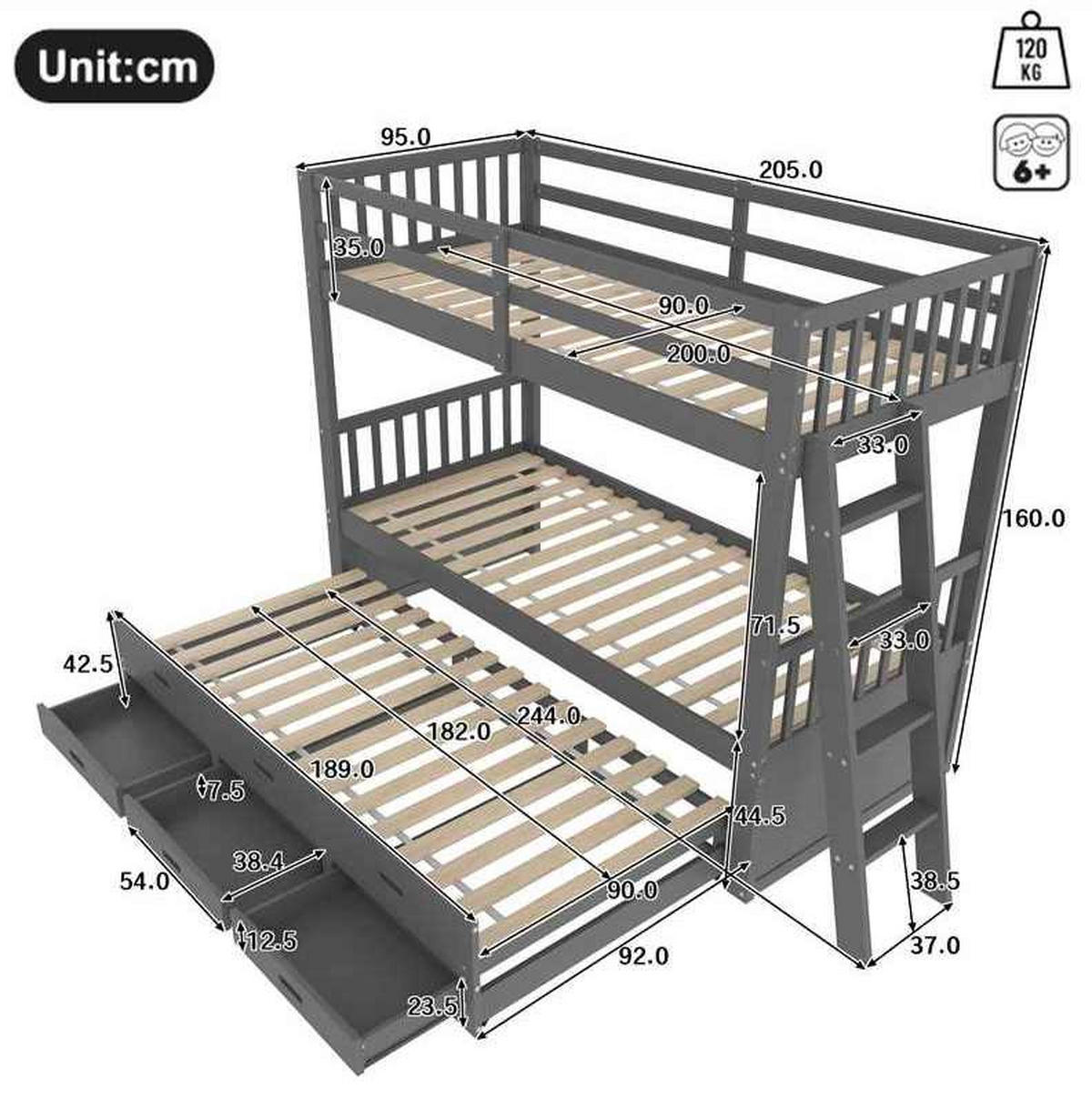 ETAGENBETT 90/200 cm mit Ausziehbett, 3 Schubladen und Leiter aus Kiefernholz und MDF, Grau - Grau, Holzwerkstoff (90/200cm) - Redom